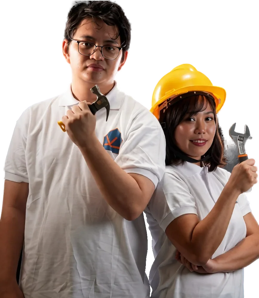 Two KuyaYos tradespeople holding tools