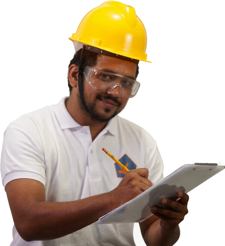 A KuyaYos roofer in a hard hat taking notes
